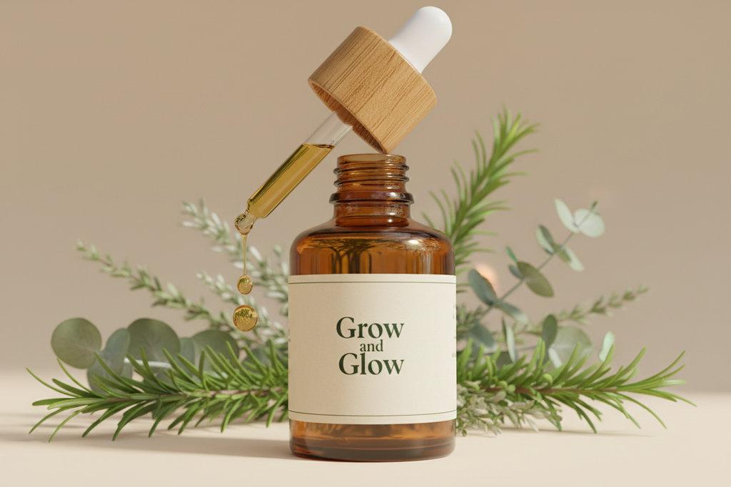 keep the bottle shape like the bamboo top original bottle, dripping oil out of bottle, rosemary accents in background