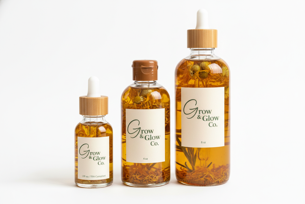 make the oil visible to see the herbs inside of the bottle. it can be plastic with bamboo tops or biodegradeable tops