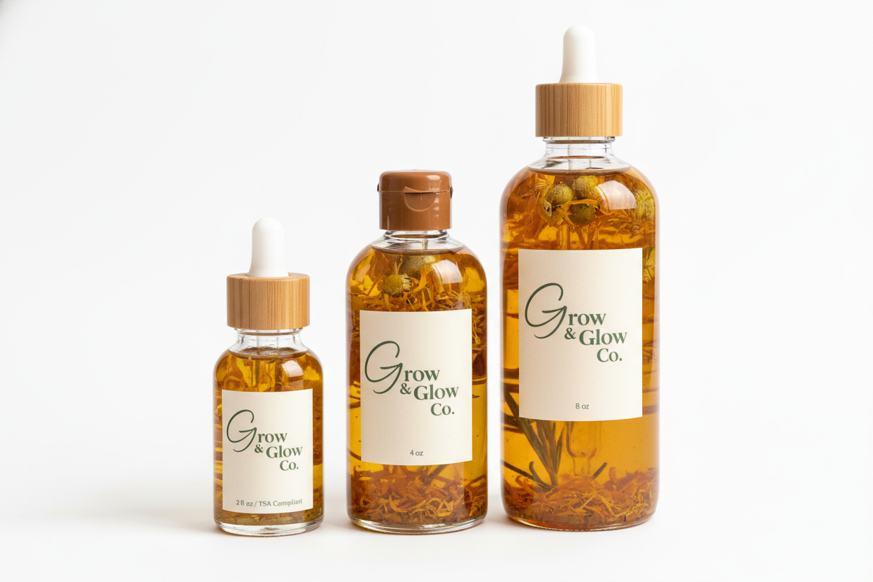 make the oil visible to see the herbs inside of the bottle. it can be plastic with bamboo tops or biodegradeable tops