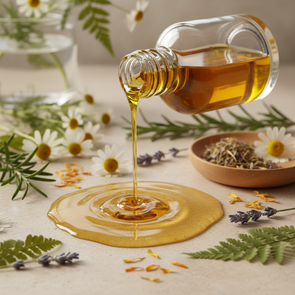 oil spiling from the bottle with soft botanicals accents, hero image 